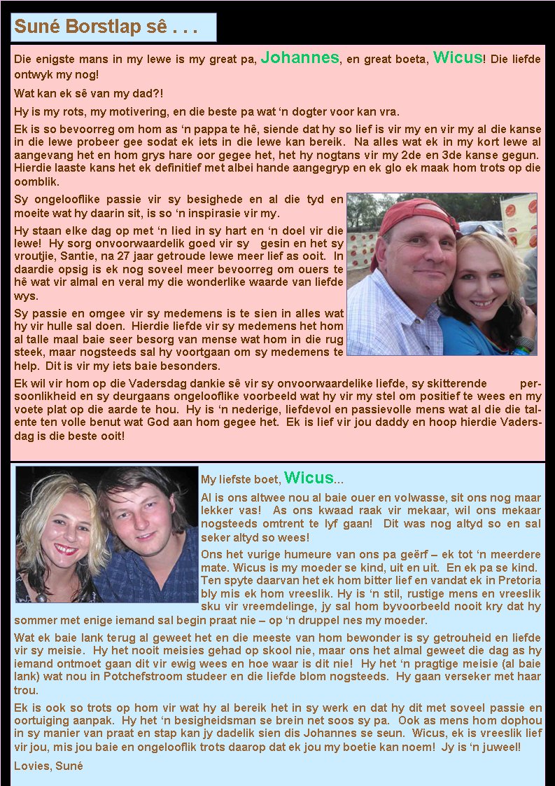 Sun� Borstlap s� . . .Die enigste mans in my lewe is my great pa, Johannes, en great boeta, Wicus! Die liefde ontwyk my nog!Wat kan ek s� van my dad?!&nbsp; Hy is my rots, my motivering, en die beste pa wat �n dogter voor kan vra.&nbsp; Ek is so bevoorreg om hom as �n pappa te h�, siende dat hy so lief is vir my en vir my al die kanse in die lewe probeer gee sodat ek iets in die lewe kan bereik.&nbsp; Na alles wat ek in my kort lewe al aangevang het en hom grys hare oor gegee het, het hy nogtans vir my 2de en 3de kanse gegun.&nbsp; Hierdie laaste kans het ek definitief met albei hande aangegryp en ek glo ek maak hom trots op die oomblik.&nbsp; Sy ongelooflike passie vir sy besighede en al die tyd en moeite wat hy daarin sit, is so �n inspirasie vir my.&nbsp; Hy staan elke dag op met �n lied in sy hart en �n doel vir die lewe!&nbsp; Hy sorg onvoorwaardelik goed vir sy   gesin en het sy vroutjie, Santie, na 27 jaar getroude lewe meer lief as ooit.&nbsp; In daardie opsig is ek nog soveel meer bevoorreg om ouers te h� wat vir almal en veral my die wonderlike waarde van liefde wys.&nbsp; Sy passie en omgee vir sy medemens is te sien in alles wat hy vir hulle sal doen.&nbsp; Hierdie liefde vir sy medemens het hom al talle maal baie seer besorg van mense wat hom in die rug steek, maar nogsteeds sal hy voortgaan om sy medemens te help.&nbsp; Dit is vir my iets baie besonders.&nbsp; Ek wil vir hom op die Vadersdag dankie s� vir sy onvoorwaardelike liefde, sy skitterende          persoonlikheid en sy deurgaans ongelooflike voorbeeld wat hy vir my stel om positief te wees en my voete plat op die aarde te hou.&nbsp; Hy is �n nederige, liefdevol en passievolle mens wat al die die talente ten volle benut wat God aan hom gegee het.&nbsp; Ek is lief vir jou daddy en hoop hierdie Vadersdag is die beste ooit!My liefste boet, Wicus�&nbsp; Al is ons altwee nou al baie ouer en volwasse, sit ons nog maar lekker vas!&nbsp; As ons kwaad raak vir mekaar, wil ons mekaar   nogsteeds omtrent te lyf gaan!&nbsp; Dit was nog altyd so en sal    seker altyd so wees!&nbsp; Ons het vurige humeure van ons pa ge�rf � ek tot �n meerdere mate.&nbsp;Wicus is my moeder se kind, uit en uit.&nbsp; En ek pa se kind.&nbsp; Ten spyte daarvan het ek hom bitter lief en vandat ek in Pretoria bly mis ek hom vreeslik.&nbsp;Hy is �n stil, rustige mens en vreeslik sku vir vreemdelinge,&nbsp;jy sal hom byvoorbeeld nooit kry dat hy sommer met enige iemand sal begin praat nie � op �n druppel nes my moeder.&nbsp; &nbsp;&nbsp;Wat ek baie lank terug al geweet het en die meeste van hom bewonder is sy getrouheid en liefde vir sy meisie.&nbsp; Hy het nooit meisies gehad op skool nie, maar ons het almal geweet die dag as hy iemand ontmoet gaan dit vir ewig wees en hoe waar is dit nie!&nbsp; Hy het �n pragtige meisie (al baie lank) wat nou in Potchefstroom studeer en die liefde blom nogsteeds.&nbsp; Hy gaan verseker met haar trou.&nbsp; Ek is ook so trots op hom vir wat hy al bereik het in sy werk en dat hy dit met soveel passie en  oortuiging aanpak.&nbsp; Hy het �n besigheidsman se brein net soos sy pa.&nbsp; Ook as mens hom dophou in sy manier van praat en stap kan jy dadelik sien dis Johannes se seun.&nbsp; Wicus, ek is vreeslik lief vir jou, mis jou baie en ongelooflik trots daarop dat ek jou my boetie kan noem!&nbsp; Jy is �n juweel!Lovies, Sun�