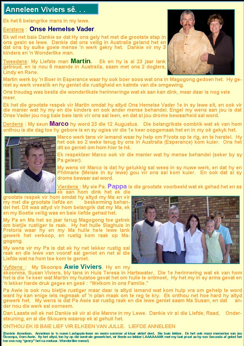 Ek het 5 belangrike mans in my lewe.&nbsp; &nbsp; &nbsp; Eerstens :  Onse Hemelse Vader.&nbsp; Ek wil net baie Dankie se dat Hy ons gely het met die grootste stap in ons gesin se lewe.&nbsp; Dankie dat ons veilig in Australia geland het en dat ons by sulke goeie mense 'n werk gekry het.&nbsp; Dankie vir my 3 kinders en 'n Wonderlike man.&nbsp; &nbsp;Tweedens: My Liefste man Martin.   Ek en hy is al 23 jaar lank getroud, en is nou 6 maande in Australia, saam met ons 2 dogters, Lindy en Rene.&nbsp;Martin werk by 'n Boer in Esperance waar hy ook boer soos wat ons in Magogong gedoen het.&nbsp; Hy geniet sy werk vreeslik en hy geniet die rustigheid en kalmte van die omgewing.&nbsp; &nbsp; Ons troudag was beslis die wonderlikste herinneringe wat ek aan kan dink, maar daar is nog vele meer.&nbsp; Ek het die grootste respek vir Martin omdat hy altyd Ons Hemelse Vader 1e in sy&nbsp;lewe sit, en ook vir die manier wat hy my en die kinders en ook ander mense behandel.&nbsp;Engel my wens&nbsp;aan jou is dat Onse Vader jou nog baie baie lank vir ons sal leen, en dat al jou drome bewaarheid sal word. &nbsp; Derdens : My seun Marco hy word 23 die 12 Augustus.&nbsp;&nbsp; Die belangrikste&nbsp;oomblik wat ek van hom onthou is die dag toe hy gebore is en sy ogies vir die 1e keer oopgemaak het en in my o� gekyk het.&nbsp; Marco werk tans vir iemand waar hy help om Pivots op te rig, en te herstel.&nbsp;&nbsp;Hy het ook so 2 weke terug by ons in Australia (Esperance) kom kuier.&nbsp; Ons het dit so geniet om hom hier te h�.&nbsp;  Ek respekteer Marco ook vir die manier wat hy mense behandel (seker by sy Pa geleer). &nbsp;My wens vir Marco is dat hy gelukkig sal wees in sy nuwe werk, en dat hy en Philmarie (Meisie in sy lewe) gou vir ons sal kom kuier.&nbsp; En ook dat al sy drome bewaar sal word. &nbsp; Vierdens : My eie Pa. Pappa is die grootste voorbeeld wat ek gehad het en as ek aan hom dink het ek die grootste respek vir hom omdat hy altyd my Ma en vir my met die grootste liefde en       beskerming behandel het. Dit was altyd vir hom belangrik dat my Ma, ek en my Boetie veilig was en baie liefde gehad het.&nbsp; My Pa en Ma het so jaar terug Magogong toe getrek om bietjie rustiger te raak.&nbsp; Hy het hulle Slaghuis in Pretoria waar hy en my Ma hulle hele lewe lank gewerk het verkoop, en rustig kom raak op Magogong.&nbsp; &nbsp; My wens vir my Pa is dat ek hy net lekker rustig sal raak en die lewe van vooraf sal geniet en net al die Liefde wat na hom toe kom te geniet. &nbsp; Vyfdens :  My Skoonpa Awie Viviers. Hy en my skoonma, Susan Viviers, bly tans in Huis Teresa in Hartswater,&nbsp; Die 1e herinnering wat ek van hom het is die 1e keer wat Martin my huistoe gevat het om hulle te ontmoet,&nbsp; Hy het my in sy arms gevat en 'n lekker harde druk gegee en ges� : �Welkom in ons Familie.�&nbsp;Pa Awie is ook nou bietjie rustiger maar daar is altyd iemand wat kom hulp vra om gehelp te word want hy kan enige iets regmaak of 'n plan maak om te reg te kry.&nbsp; Ek onthou net hoe hard hy altyd gewerk het. &nbsp; My wens is dat Pa Awie sal rustig raak en die lewe geniet saam Ma Susan, en dat     ander nou die werk sal oorneem.&nbsp; &nbsp; Dan Laaste wil ek net Dankie s� vir al die Manne in my Lewe.  Dankie vir al die Liefde, Raad,    Ondersteuning, en al die Skouers waarop ek al gehuil het. &nbsp; ONTHOU EK IS BAIE LIEF VIR ELKEEN VAN JULLE. &nbsp; LIEFDE ANNELEEN(Dankie Anneleen.  Anneleen is �n nuwe Laslappie-leser en neem sommer al klaar aktief deel.  Dis baie lekker.  Ek het ook mooi memories van jou Skoonpa, Oom Awie.  Hy het altyd, toe hy op die sentrale gewerk het, vir Neels so lekker LAAAAAANK met my laat praat as hy van Secunda af gebel het toe ons nog �gevry� het na mekaar. Wonderlike mens!)Anneleen Viviers s�. . .