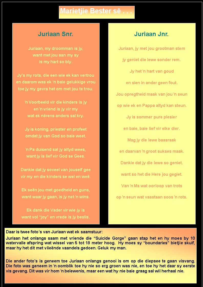 Marietjie Bester s� . . .Juriaan Snr.Juriaan, my droomman is jy,want met jou aan my syis my hart so bly.Jy�s my rots, die een wie ek kan vertrouen daarom was ek �n baie gelukkige vroutoe jy my gevra het om met jou te trou.ŉ Voorbeeld vir die kinders is jyen ŉ vriend is jy vir mywat ek n�rens anders sal kry.Jy is koning, priester en profeetomdat jy van God so baie weet.ŉ Pa duisend sal jy altyd wees,want jy is lief vir God se Gees.Dankie dat jy soveel van jouself geevir my en die kinders se wel en we�.Ek se�n jou met goedheid en guns, want waar jy gaan, is jy net ŉ wins.Ek dank die Vader vir wie jy iswant vol �joy� en vrede is jy beslis.Juriaan Jnr.Juriaan, jy met jou grootman stemjy geniet die lewe sonder rem.Jy het ŉ hart van gouden sien in ander geen fout.Jou opregtheid maak van jou ŉ seunop wie ek en Pappa altyd kan steun.Jy is sommer pure plesieren baie, baie lief vir elke dier.Mag jy die lewe baasraaken daarvan ŉ groot sukses maak.Dankie dat jy die lewe so geniet.want so het die Here jou gegiet.Van ŉ Ma wat oorloop van trotsop ŉ seun wat vasstaan soos ŉ rots..Daar is twee foto�s van Juriaan wat ek saamstuur:Juriaan het onlangs saam met vriende die �Suicide Gorge� gaan stap het en hy moes by 10 watervalle afspring wat wissel van 5 tot 18 meter hoog.  Hy moes sy �boundaries� bietjie skuif, maar hy het dit met vlie�nde vaandels gedoen. Geluk my man.Die ander foto�s is geneem toe Juriaan onlangs genooi is om op die diepsee te gaan visvang.  Die foto was geneem in ŉ oomblik toe hy nie so erg groen was nie, en toe hy het daar sy eerste vis gevang. Dit was vir hom ŉ belewenis, maar een wat hy nie baie graag sal wil herhaal nie. 