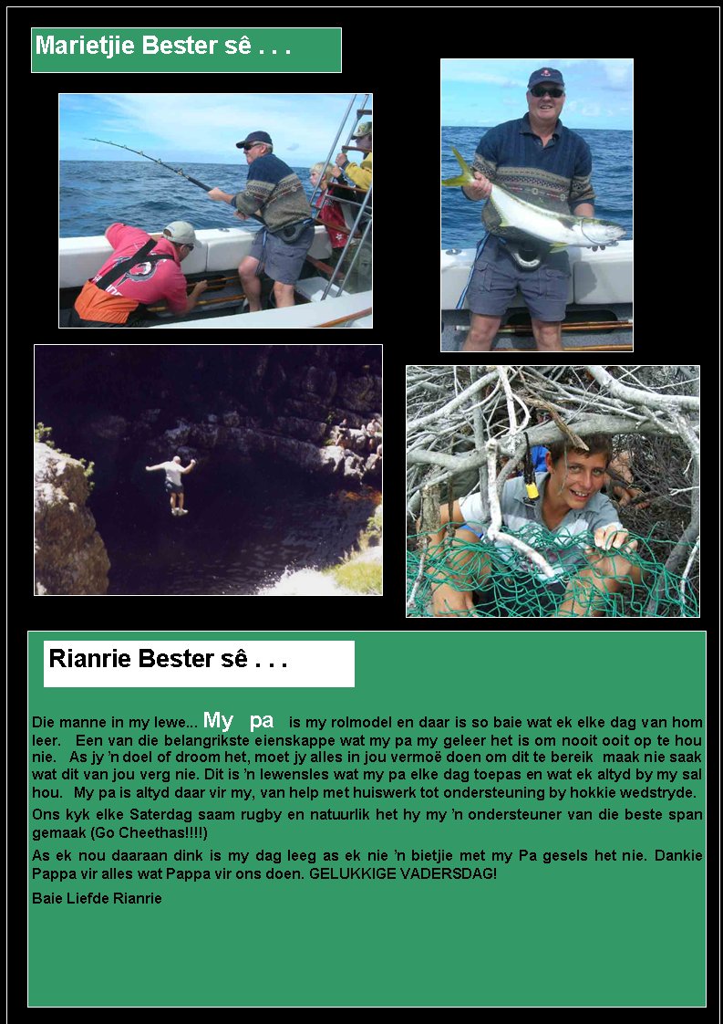 Marietjie Bester s� . . .Die manne in my lewe... My pa is my rolmodel en daar is so baie wat ek elke dag van hom leer.   Een van die belangrikste eienskappe wat my pa my geleer het is om nooit ooit op te hou nie.   As jy ŉ doel of droom het, moet jy alles in jou vermo� doen om dit te bereik  maak nie saak wat dit van jou verg nie. Dit is ŉ lewensles wat my pa elke dag toepas en wat ek altyd by my sal hou.   My pa is altyd daar vir my, van help met huiswerk tot ondersteuning by hokkie wedstryde. Ons kyk elke Saterdag saam rugby en natuurlik het hy my ŉ ondersteuner van die beste span gemaak (Go Cheethas!!!!) As ek nou daaraan dink is my dag leeg as ek nie ŉ bietjie met my Pa gesels het nie. Dankie Pappa vir alles wat Pappa vir ons doen. GELUKKIGE VADERSDAG!Baie Liefde RianrieRianrie Bester s� . . .
