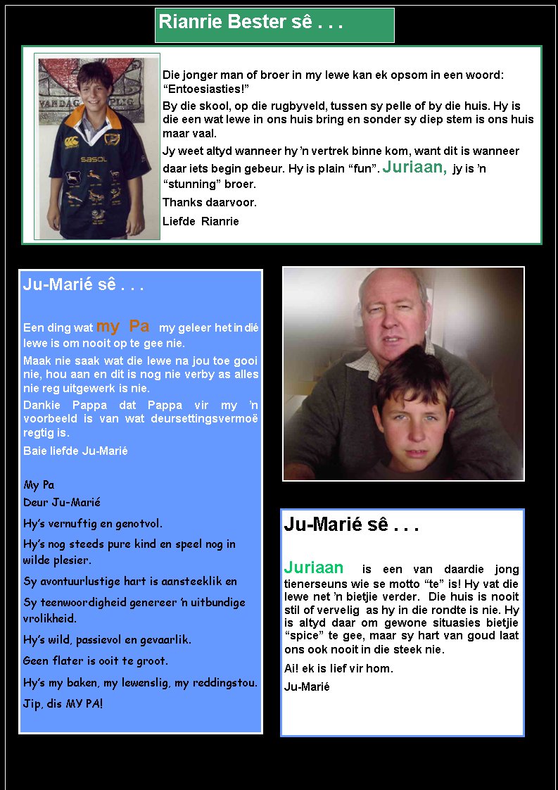 Rianrie Bester s� . . .Die jonger man of broer in my lewe kan ek opsom in een woord: �Entoesiasties!� By die skool, op die rugbyveld, tussen sy pelle of by die huis. Hy is die een wat lewe in ons huis bring en sonder sy diep stem is ons huis maar vaal.  Jy weet altyd wanneer hy ŉ vertrek binne kom, want dit is wanneer daar iets begin gebeur. Hy is plain �fun�. Juriaan, jy is ŉ �stunning� broer. Thanks daarvoor. Liefde  RianrieJu-Mari� s� . . .Een ding wat my Pa my geleer het in di� lewe is om nooit op te gee nie.  Maak nie saak wat die lewe na jou toe gooi nie, hou aan en dit is nog nie verby as alles nie reg uitgewerk is nie.  Dankie Pappa dat Pappa vir my ŉ voorbeeld is van wat deursettingsvermo� regtig is. Baie liefde Ju-Mari� My PaDeur Ju-Mari�Hy�s vernuftig en genotvol.Hy�s nog steeds pure kind en speel nog in wilde plesier.Sy avontuurlustige hart is aansteeklik enSy teenwoordigheid genereer ŉ uitbundige vrolikheid.Hy�s wild, passievol en gevaarlik.Geen flater is ooit te groot.Hy�s my baken, my lewenslig, my reddingstou.Jip, dis MY PA!Ju-Mari� s� . . .Juriaan is een van daardie jong tienerseuns wie se motto �te� is! Hy vat die lewe net ŉ bietjie verder.  Die huis is nooit stil of vervelig  as hy in die rondte is nie. Hy is altyd daar om gewone situasies bietjie �spice� te gee, maar sy hart van goud laat ons ook nooit in die steek nie. Ai! ek is lief vir hom. Ju-Mari�