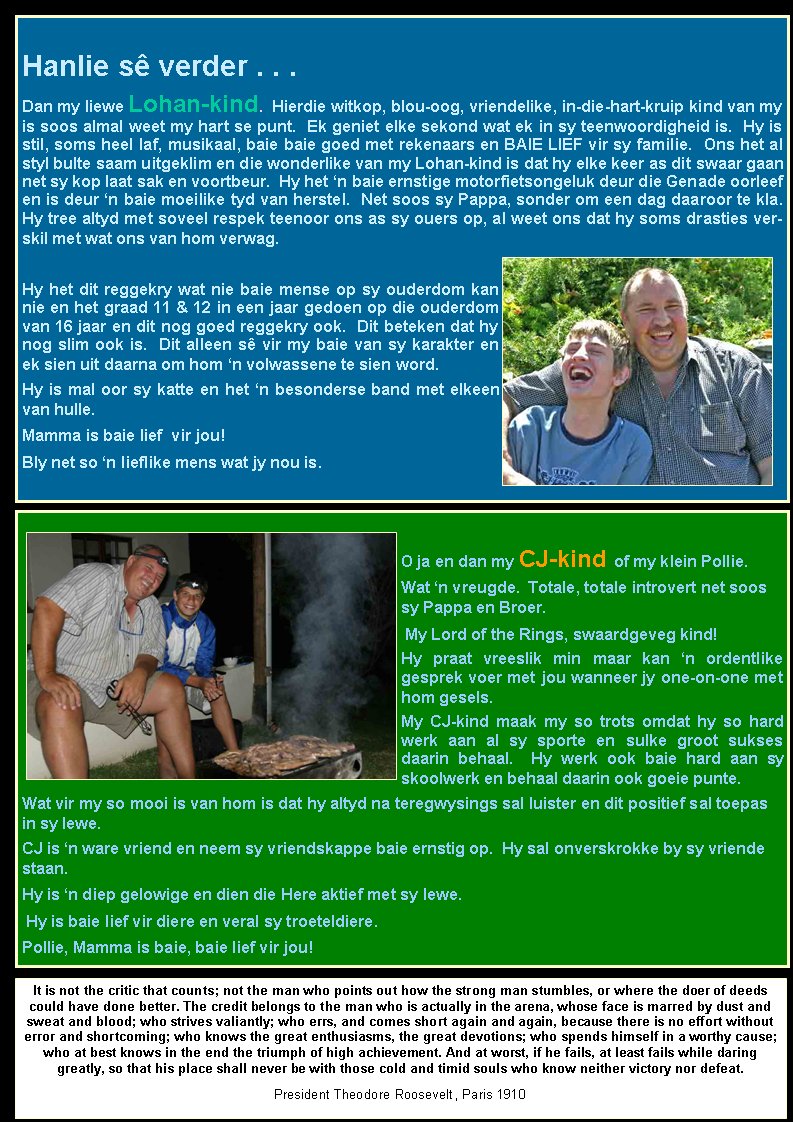 Hanlie s� verder . . .Dan my liewe Lohan-kind.  Hierdie witkop, blou-oog, vriendelike, in-die-hart-kruip kind van my is soos almal weet my hart se punt.  Ek geniet elke sekond wat ek in sy teenwoordigheid is.  Hy is stil, soms heel laf, musikaal, baie baie goed met rekenaars en BAIE LIEF vir sy familie.  Ons het al styl bulte saam uitgeklim en die wonderlike van my Lohan-kind is dat hy elke keer as dit swaar gaan net sy kop laat sak en voortbeur.  Hy het �n baie ernstige motorfietsongeluk deur die Genade oorleef en is deur �n baie moeilike tyd van herstel.  Net soos sy Pappa, sonder om een dag daaroor te kla.  Hy tree altyd met soveel respek teenoor ons as sy ouers op, al weet ons dat hy soms drasties verskil met wat ons van hom verwag.Hy het dit reggekry wat nie baie mense op sy ouderdom kan nie en het graad 11 & 12 in een jaar gedoen op die ouderdom van 16 jaar en dit nog goed reggekry ook.  Dit beteken dat hy nog slim ook is.  Dit alleen s� vir my baie van sy karakter en ek sien uit daarna om hom �n volwassene te sien word.  Hy is mal oor sy katte en het �n besonderse band met elkeen van hulle.Mamma is baie lief  vir jou!  Bly net so �n lieflike mens wat jy nou is.  O ja en dan my CJ-kind of my klein Pollie.  Wat �n vreugde.  Totale, totale introvert net soos sy Pappa en Broer.  My Lord of the Rings, swaardgeveg kind!  Hy praat vreeslik min maar kan �n ordentlike gesprek voer met jou wanneer jy one-on-one met hom gesels.My CJ-kind maak my so trots omdat hy so hard werk aan al sy sporte en sulke groot sukses daarin behaal.  Hy werk ook baie hard aan sy skoolwerk en behaal daarin ook goeie punte.Wat vir my so mooi is van hom is dat hy altyd na teregwysings sal luister en dit positief sal toepas in sy lewe.  CJ is �n ware vriend en neem sy vriendskappe baie ernstig op.  Hy sal onverskrokke by sy vriende staan.  Hy is �n diep gelowige en dien die Here aktief met sy lewe.  Hy is baie lief vir diere en veral sy troeteldiere.  Pollie, Mamma is baie, baie lief vir jou!It is not the critic that counts; not the man who points out how the strong man stumbles, or where the doer of deeds could have done better. The credit belongs to the man who is actually in the arena, whose face is marred by dust and sweat and blood; who strives valiantly; who errs, and comes short again and again, because there is no effort without error and shortcoming; who knows the great enthusiasms, the great devotions; who spends himself in a worthy cause; who at best knows in the end the triumph of high achievement. And at worst, if he fails, at least fails while daring greatly, so that his place shall never be with those cold and timid souls who know neither victory nor defeat.President Theodore Roosevelt, Paris 1910